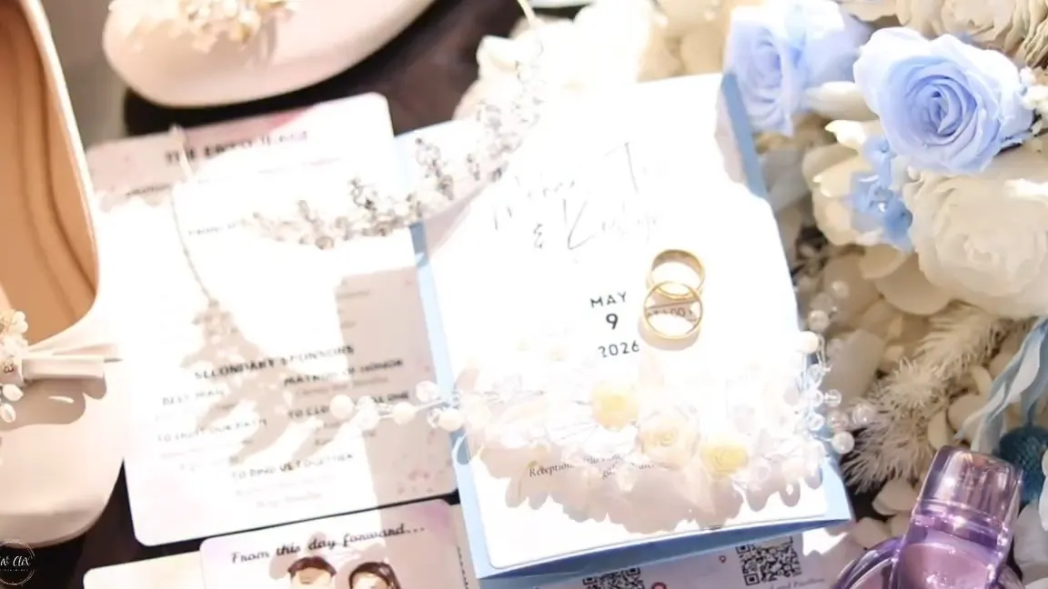Wedding rings resting on the invitation among pale blue roses